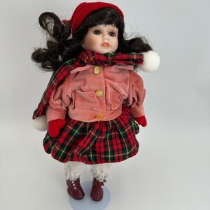 Show Stoppers Nora Porcelain Doll Girls 12in Pink Red Plaid Winter Christmas